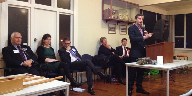 From left to right: NZ First's Cliff Lyon, the Greens' Julie Ann Genter, National's Paul Goldsmith, ACT's David Seymour (standing), Independent candidate Grace Haden and Labour's Michael Wood. Photo / Brendan Manning