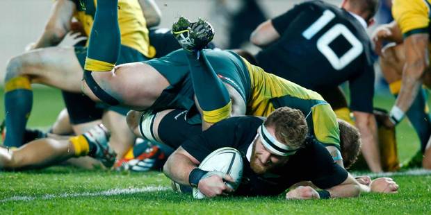 Kieran Read scores for the All Blacks in the second Bledisloe Cup test in Auckland. Photo / Getty Images
