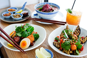 The Eggplant, Pork belly and Pho on the menu at Bolaven. Photo / Babiche Martens.