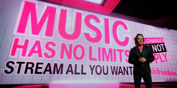 T-Mobile CEO John Legere talks about the service provider's new music streaming service that allows users to stream music without sapping their data allowance. Photo / AP