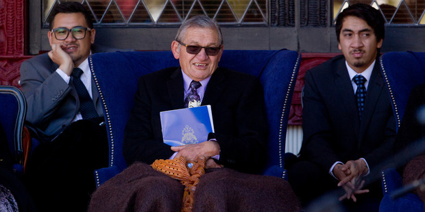 King Tuheitia flanked by his sons Whatumoana (left) and Korotangi Paki (right). Photo / Christine Cornege