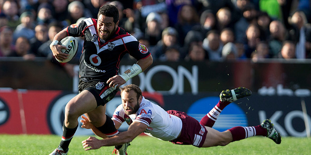 Konrad Hurrell's ability to break tackles gives the Warriors great momentum. Photo / Dean Purcell