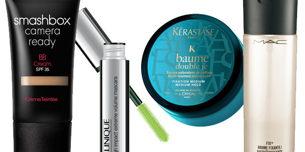 Smashbox BB cream, Clinique High Impact Extreme Volume Mascara, Kerastase Baume Double Je and M.A.C Fix Plus spray.
