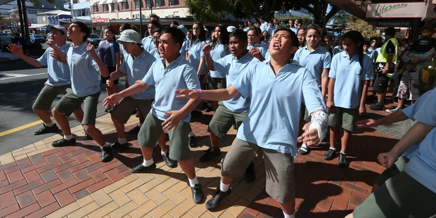 Whangarei Intermediate pupils perform a haka outside KiwiYo on Friday.