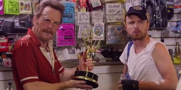 Breaking Bad's Bryan Cranston and Aaron Paul star in the Emmy promo video alongside Veep star Julia Louis-Dreyfus. Photo / Youtube