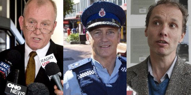 From left: Auckland barrister Tony Bouchier, Police Commissioner Mike Bush and Nicky Hager. Photos / NZ Herald.