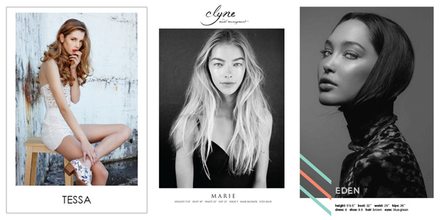 Faces to watch: Tessa from Unique Model Management, Marie from Clyne Model Management and Eden from 62 Models & Talent. Model cards / Supplied
