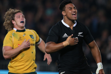 Julian Savea celebrates scoring his 24th try in 24 tests for the All Blacks. Photo / Martin Hunter