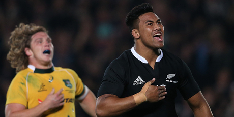 Julian Savea celebrates scoring his 24th try in 24 tests for the All Blacks. Photo / Martin Hunter
