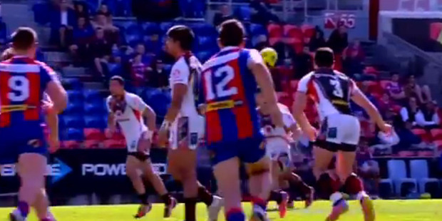 Footage shows James Bell step forward after playing the ball, and with blood visible around his mouth, spit at opposing Knights lock Joseph Boyce. Photo / YouTube