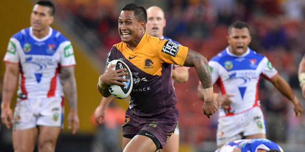 Ben Barba of the Broncos breaks through the defence before going on to score a try during the NRL match between the Brisbane Broncos and the Newcastle Knights in Brisbane. Photo / Getty Images