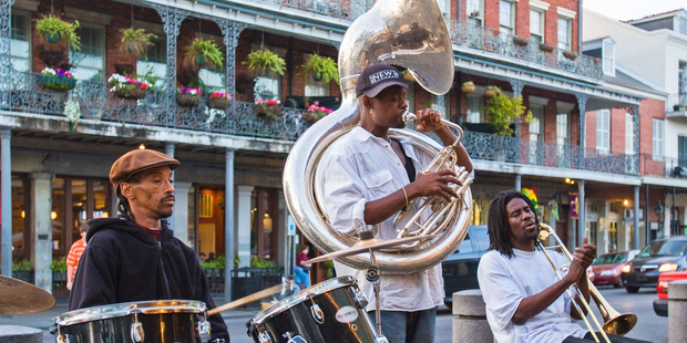 One of New Orleans' many jazz bands performs in front of Cafe Du Monde in New Orleans. Photo / 123RF