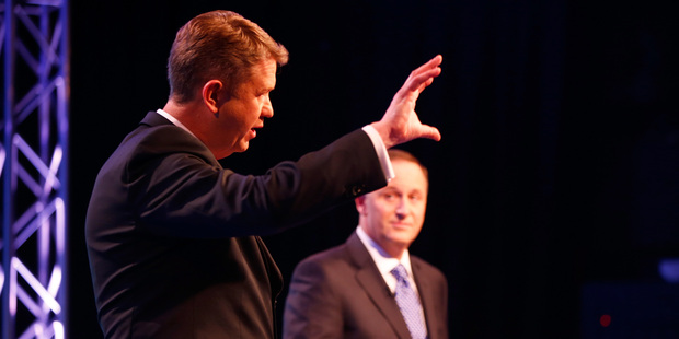 Prime Minister John Key, right, and Labour Leader David Cunliffe, left go head to head at the TVNZ leader's debate. Photo / TVNZ