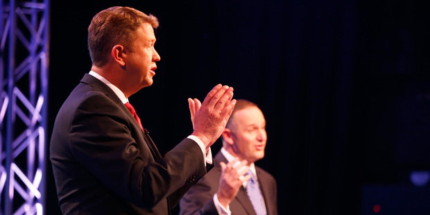 Prime Minister John Key (R) and Labour Leader David Cunliffe (L) during the TVNZ leaders debate. Photo / Getty Images