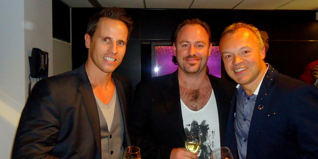 Tim Lightbourne , Rob Cameron and Graham Norton drinking Invivo Marlborough Sauvignon Blanc.