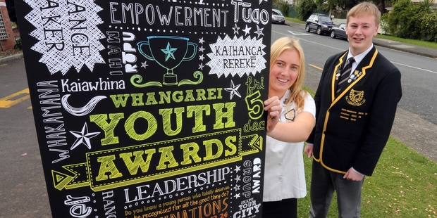 Whangarei Youth Advisory Group deputy chairwoman Pru Rhynd, and chairman Brad Olsen are on the hunt for young people in Whangarei who make a difference in our community. Photo / John Stone