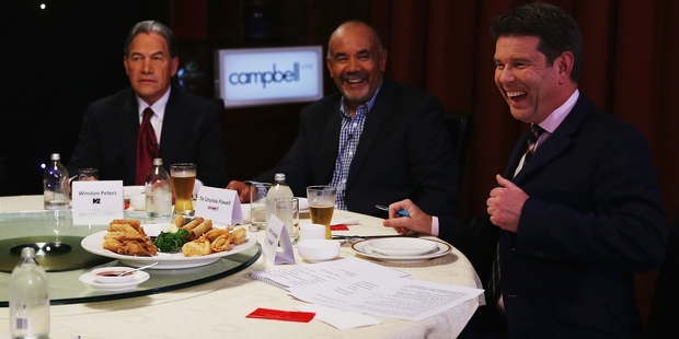 Winston Peters (left), Te Ururoa Flavell and John Campbell at the dinner. Picture / Getty Images