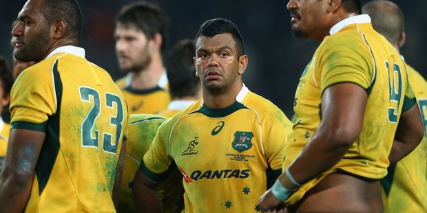 Kurtley Beale (centre) has been benched for the Wallabies match against South Africa in Perth. Picture / Getty Images