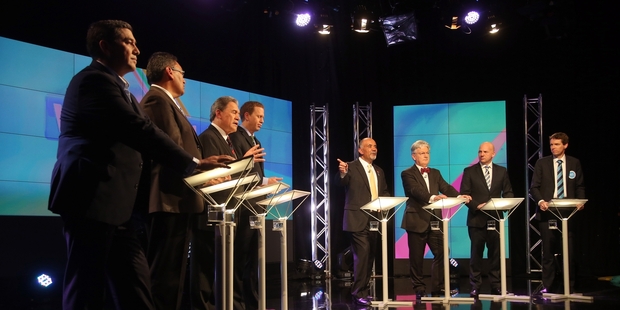 Minor party leaders Brendan Horan (from left), Hone Harawira, Winston Peters, Russel Norman, Te Ururoa Flavell, Peter Dunne, Jamie Whyte and Colin Craig. Photo / Getty Images