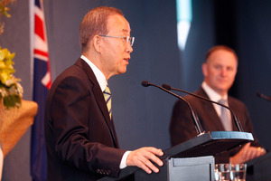 Prime Minister John Key meets UN Secretary General Ban Ki-Moon at Auckland Airport this morning. Photo / Chris Gorman