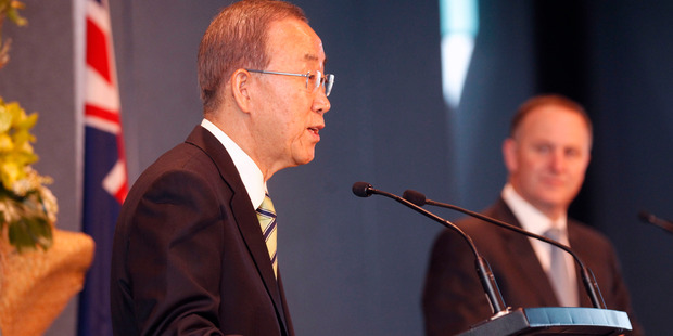 Prime Minister John Key meets UN Secretary General Ban Ki-Moon at Auckland Airport this morning. Photo / Chris Gorman