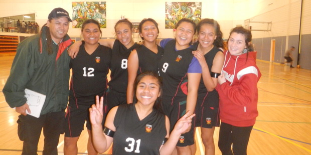 Papakura High's champion side (from left) coach Abraham Warren, Florence Toia, Reaghan Hura, Sharon Henare Niho Niho, captain Kisa Malakai, Rachel Harris, and No 1 supporter Apikara Edwards. Front centre is Teuila Aumua.