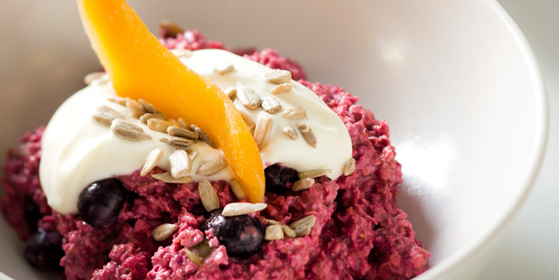 Beetroot Bircher muesli with a shot of beetroot juice and apple with chia seeds from Giles. Picture / Babiche Martens