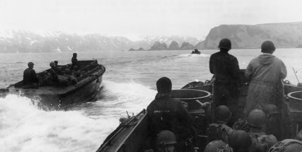 US troops approach Japanese-held Attu Island in the Aleutians in 1943. America feared an invasion of Alaska by Russian troops during the Cold War. Picture / AP