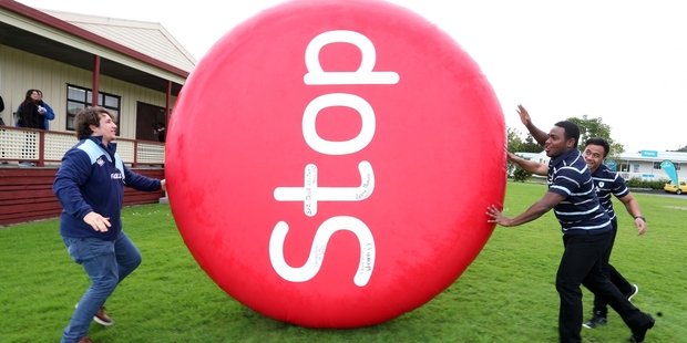 Taniwha rugby players Jordan Olsen, Filipo Nakosi and Vili Tahitua help promote Stoptober. Photo / Michael Cunningham