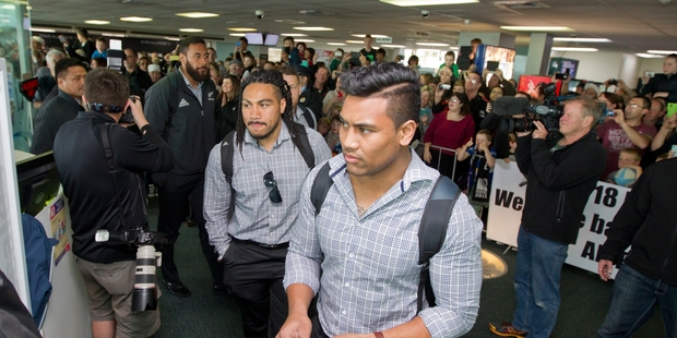 All Blacks Julian Savea (right) and Ma'a Nonu are given a Bay welcome at the Hawke's Bay Airport on Saturday. Photo / Paul Taylor