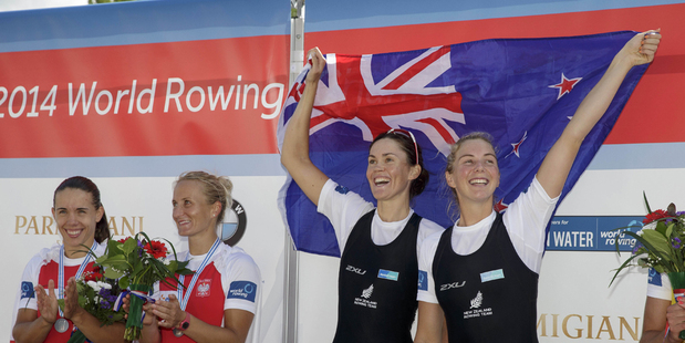 Fiona Bourke and Zoe Stevenson of New Zealand, Women's Double Sculls celebrate after winning the final at the World Rowing Championships in Amsterdam. Photo / AP