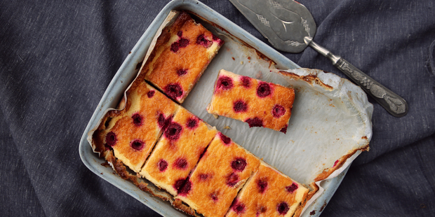 Gooey lemon slice with raspberries. Picture / Eleanor Ozich