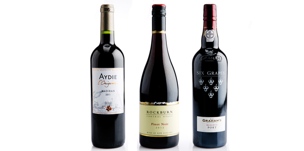 Aydie l'Origine Madiran, France 2012, Rockburn Central Otago Pinot Noir 2012 and Grahams Six Grapes Reserve Port NV. Picture / Babiche Martens