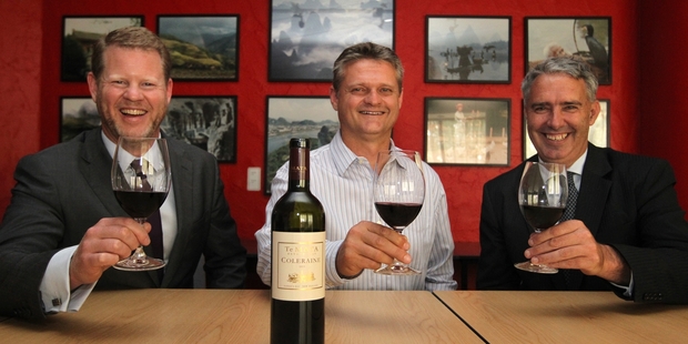 A TOAST: Hawke's Bay Winegrowers chairman Nicholas Buck (left), Hawke's Bay Winegrowers executive officer James Medina and Hastings mayor Lawrence Yule are thrilled the Agricultural and Marketing Research and Development Trust are contributing to a project which will help promote Hawke's Bay wine in China. PHOTO/DUNCAN BROWN HBT140904-03