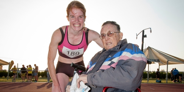 Angie Smit hugs Allan Potts after creating history in Hastings. Photo/Glenn Taylor