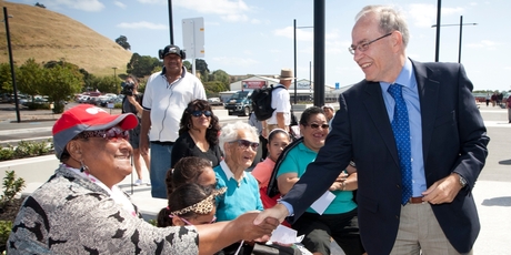 The mayor greets members of the public at the Panmure station. Photo / Natalie Slade