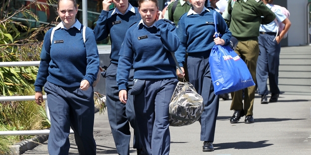 KIT AND CABOODLE: About 60 uniformed army, sea and air cadets from Ruahine, Hastings, Napier and Gisborne leave Hawke's Bay Airport to join 1200 other cadets in a week-long exercise. HBT140015-04