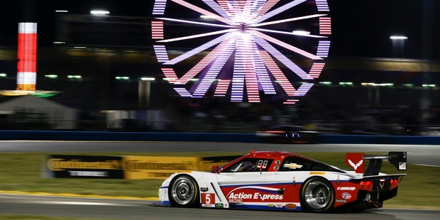 The Action Express Racing Corvette DP during night practice for the IMSA Series Rolex 24-hour race at Daytona. Photo / AP