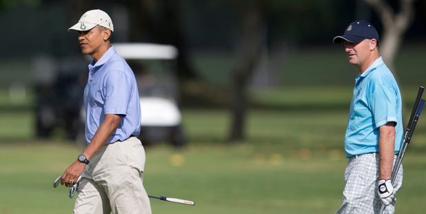 US President Barack Obama with Prime Minister John Key at Kaneohe Klipper Golf Course, Hawaii. Photo / AP