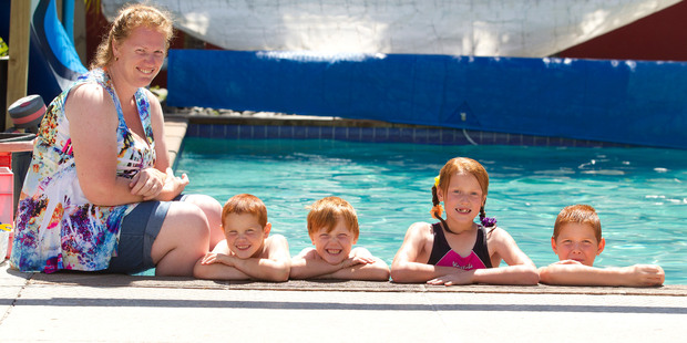 Michelle Dean with her swimming children (from left) Joshua, 4, Jeffrey, 5, Jazmin, 7, and James, 9, at Jenni's Swim School in Tauranga. Photo / Christine Cornege