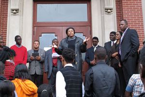 George Stinney's second cousin Irene Lawson-Hill, center, tells a crowd her family won't stop fighting. Photo / AP