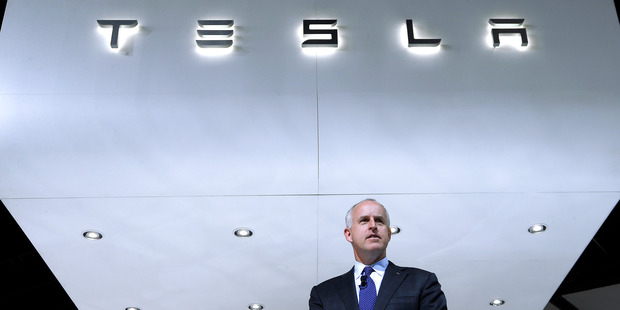 Diarmuid O'Connell, Tesla Vice President, Business Development speaks during media previews at the North American International Auto Show in Detroit. Photo / AP