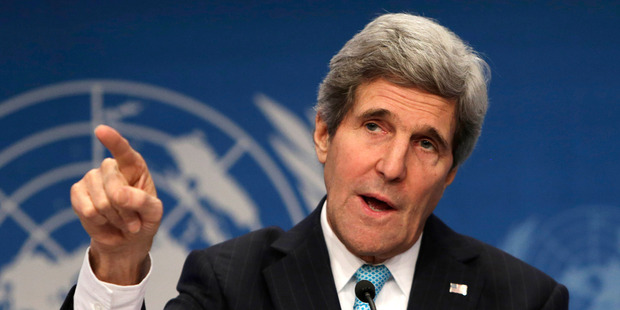 US Secretary of State John Kerry gestures at a press conference during the Syrian peace talks in Montreux. Photo / AP