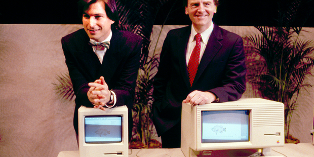 Apple CEO Steven P. Jobs, left and President John Sculley presenting the new Macintosh Desktop Computer in January 1984. Photo / AP