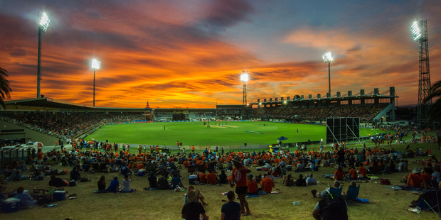 A spectacular sunset at the first ODI match between India and the Black Caps at McLean Park in Napier yesterday. Photo/Paul Taylor.