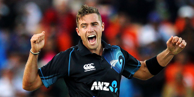 Tim Southee of New Zealand celebrates after taking the wicket of Rohit Sharma of India during the One Day International match. Photo / Getty Images.