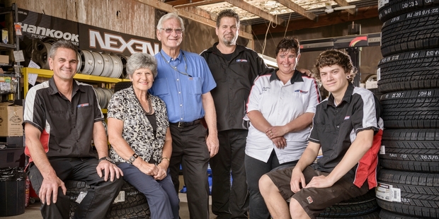 Anthony (left), Louella, Adrian, Alan, Kylie and Caleb Wright of Drury Tires. Photo / Ted Baghurst