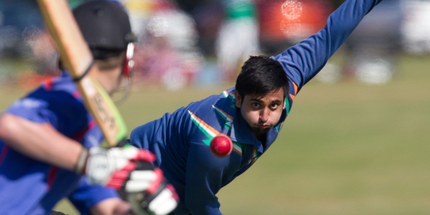 Bay of Plenty Indians bowler Roney Grewal bowls against Geyser 1 during the final of the Rotorua/Taupo senior reserve grade T20 final. Photo/Stephen Parker