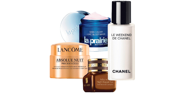 Clockwise from left: Lancome Absolue Nuit Precious Cells; La Prairie Skin Caviar Luxe Sleep Mask; Le Weekend de Chanel; Estee Lauder Advanced Night Repair Eye. Photo / Supplied.