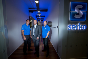 Serko co-founder and chief strategy officer Bob Shaw (left), chairman Simon Botherway and co-founder and chief executive Darrin Grafton - the company has been awarded a $4.2m grant - NZH picture